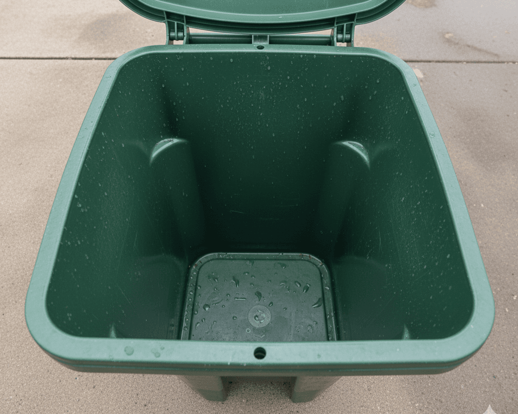 Freshly sanitized residential trash bin after Ozark Bin Cleaning high-pressure hot water treatment in Northwest Arkansas